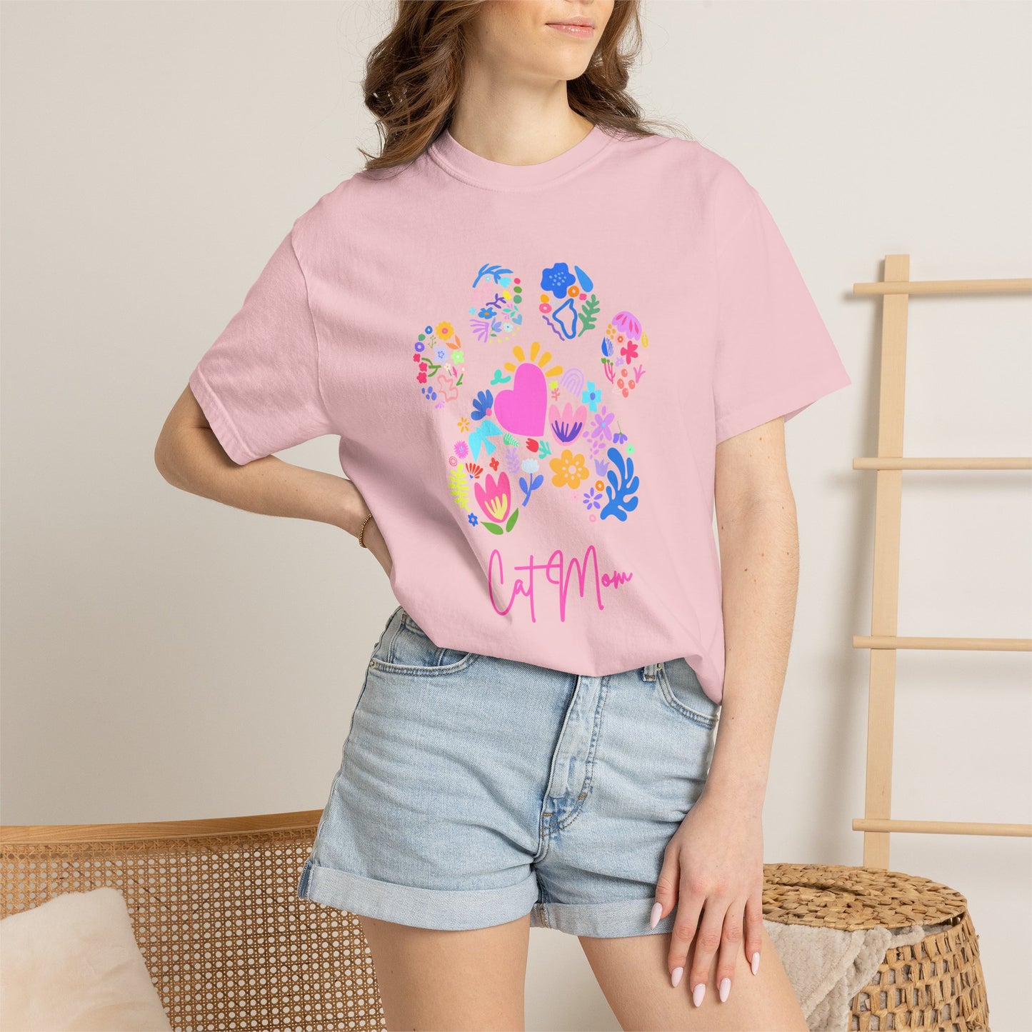 Cat Mom Floral Paw T-Shirt — Cute Colorful Cat Mom Tee