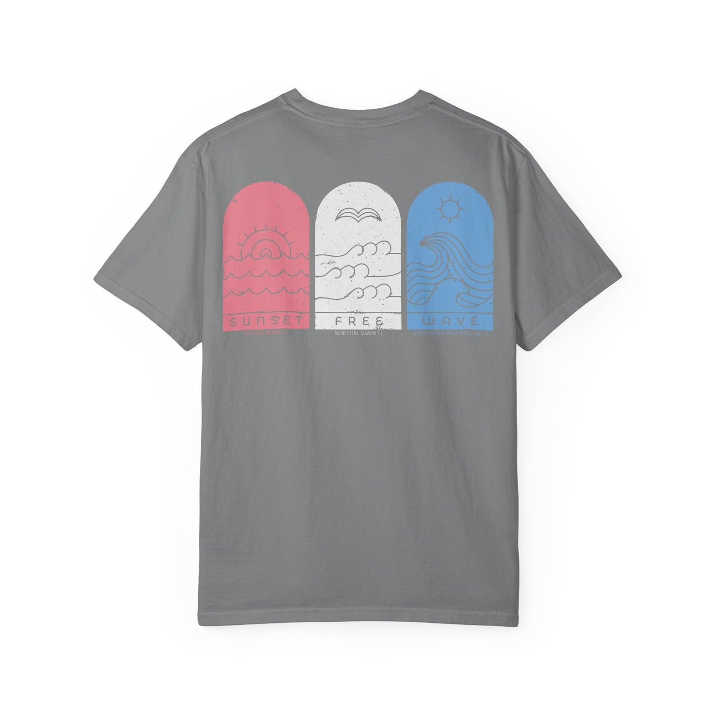 Surf Vibes Graphic T-Shirt — 'Waves, Free' Tricolor Chest & Back Design