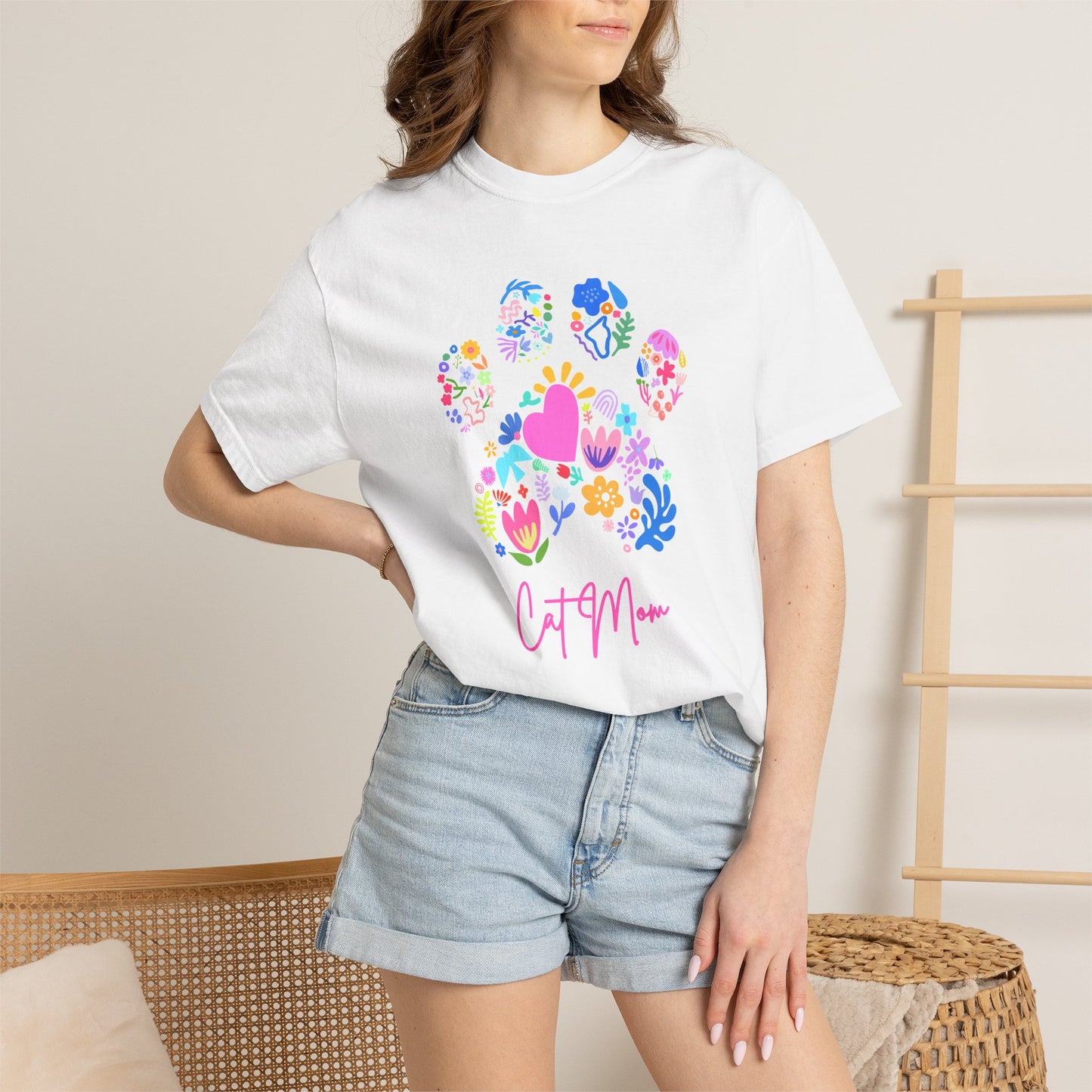 Cat Mom Floral Paw T-Shirt — Cute Colorful Cat Mom Tee