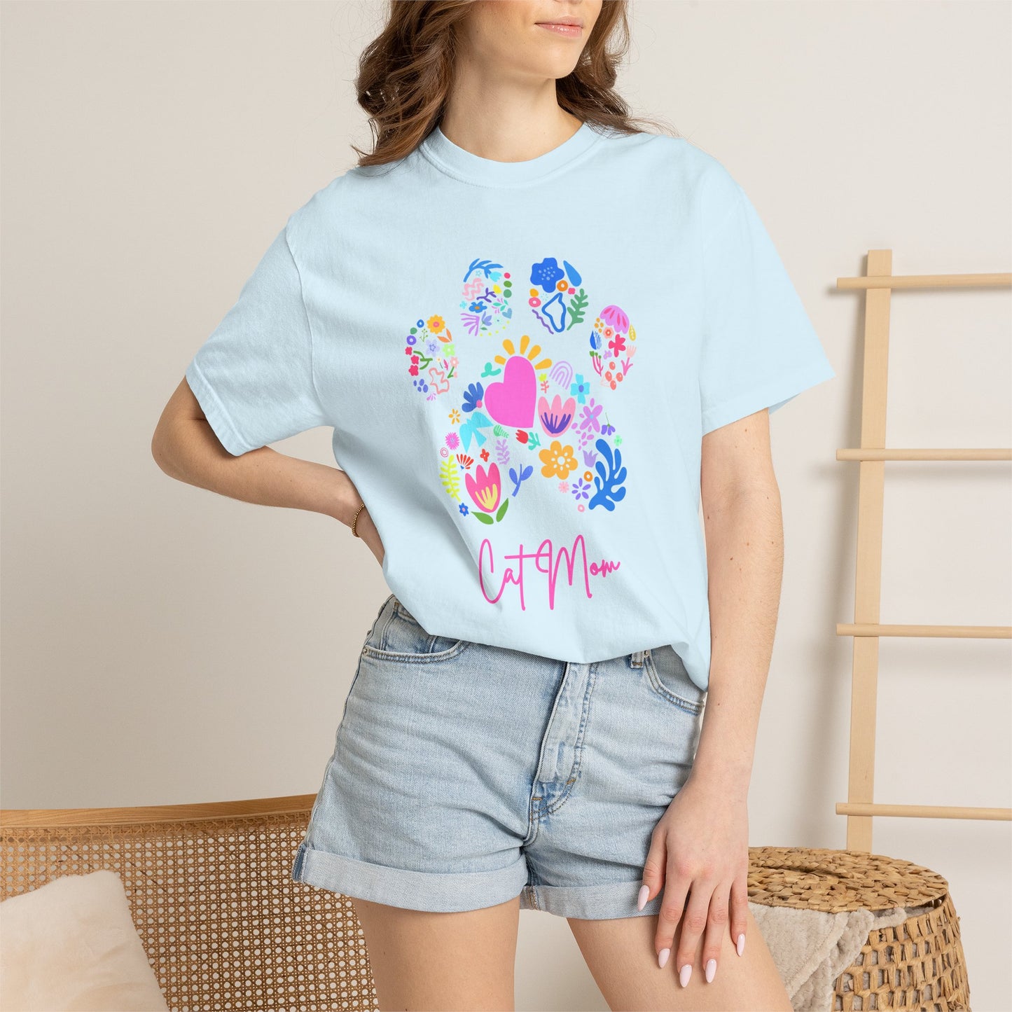Cat Mom Floral Paw T-Shirt — Cute Colorful Cat Mom Tee