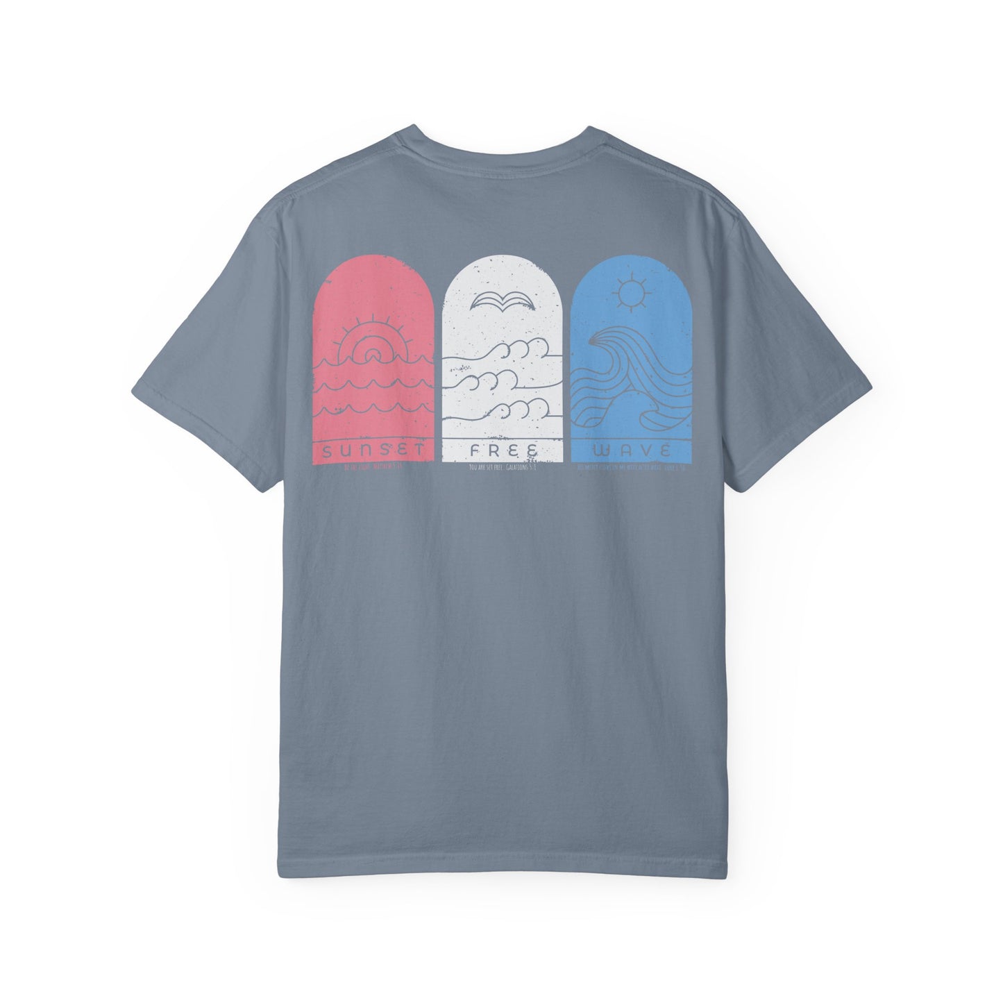 Surf Vibes Graphic T-Shirt — 'Waves, Free' Tricolor Chest & Back Design