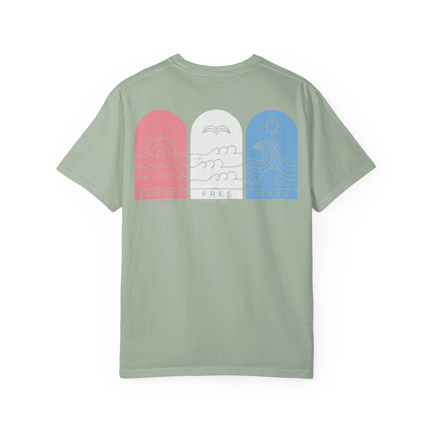 Surf Vibes Graphic T-Shirt — 'Waves, Free' Tricolor Chest & Back Design