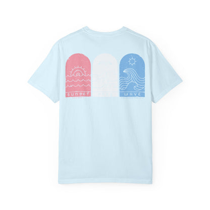 Surf Vibes Graphic T-Shirt — 'Waves, Free' Tricolor Chest & Back Design