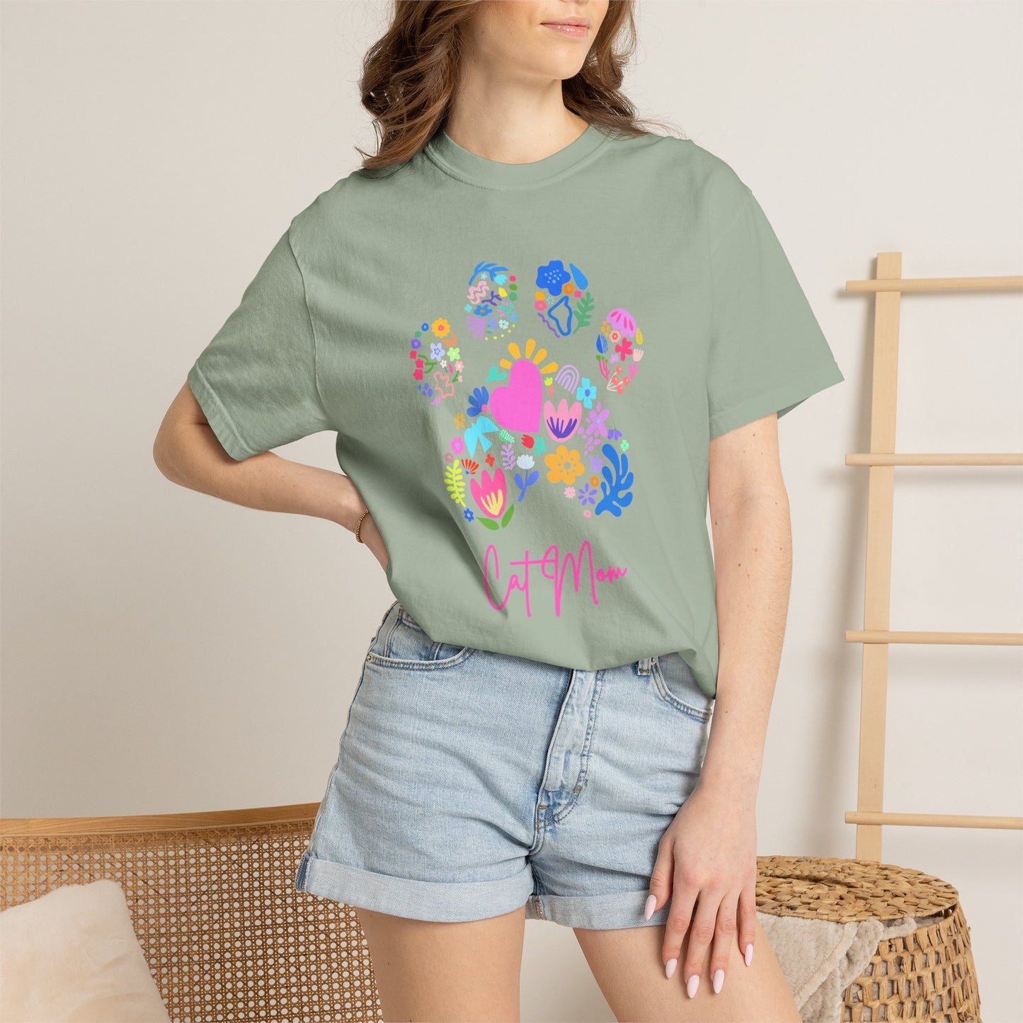 Cat Mom Floral Paw T-Shirt — Cute Colorful Cat Mom Tee