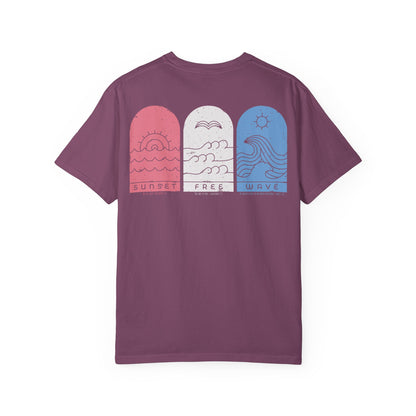 Surf Vibes Graphic T-Shirt — 'Waves, Free' Tricolor Chest & Back Design